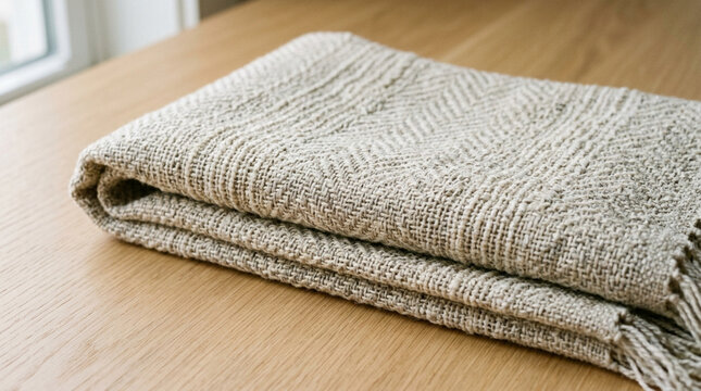 Cozy Textured Blanket Folded on Wooden Table with Soft Light