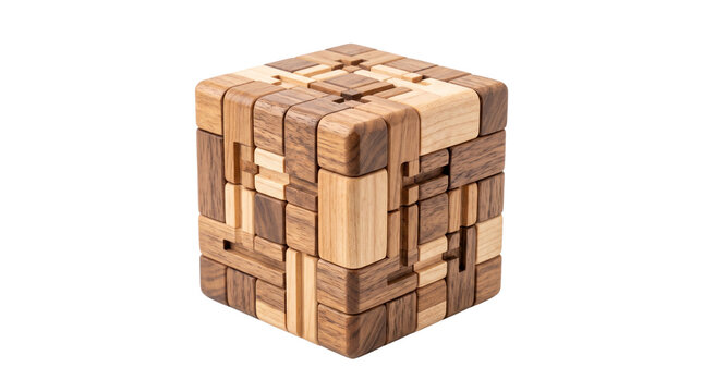 Wooden puzzle cube with interlocking blocks, mechanical brain teaser toy, handcrafted timber logic game for problem solving and strategy isolated PNG with Transparent Background