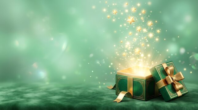 A magical green gift box opening with bright golden sparkles and glowing light particles floating upwards against a soft bokeh background