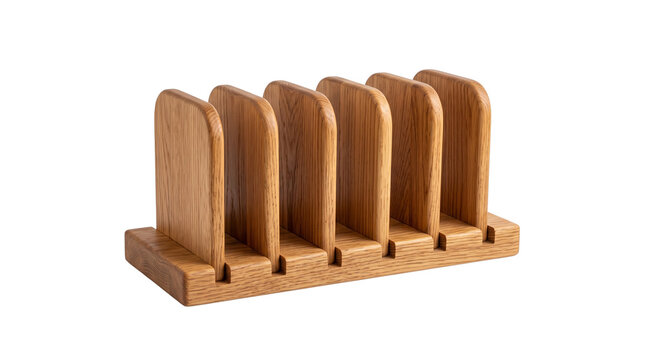 Wooden desk organizer with vertical slots, bamboo file holder for office storage, minimalist timber stationery rack for documents and mail isolated PNG with Transparent Background