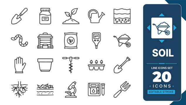 Soil and gardening line icon set featuring planting tools, fertilizer, compost, earthworms, pH testing, irrigation and soil analysis editable vector collection