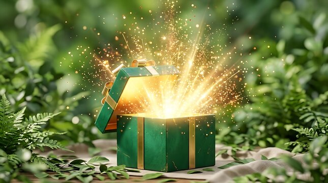 A magical green gift box opening in a lush forest setting with bright golden light and sparkling particles emerging from inside