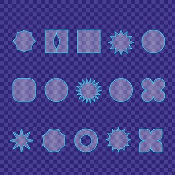 Set of abstract geometric shapes featuring a modern glass effect and glass morphism design style on blue background