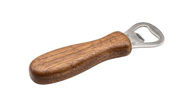 Vintage wooden bottle opener with rustic timber handle, stainless steel beer cap remover, classic kitchen bar tool for beverage service isolated PNG with Transparent Background