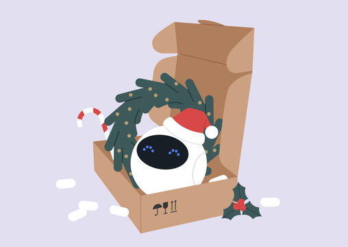 Cheerful delivery robot arrives in a decorated box, ready to spread Christmas cheer, it sports a Santa hat and holiday decorations, embodying the spirit of giving.