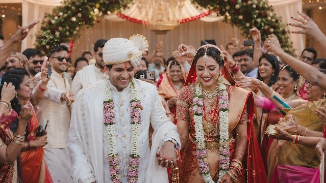 Indian Wedding Baraat Entrance, Bride and Groom Walking Hand in Hand Through Arch, Celebrating Guests Throwing Flowers, Traditional White Sherwani and Red Saree, Joyful Festival Atmosphere