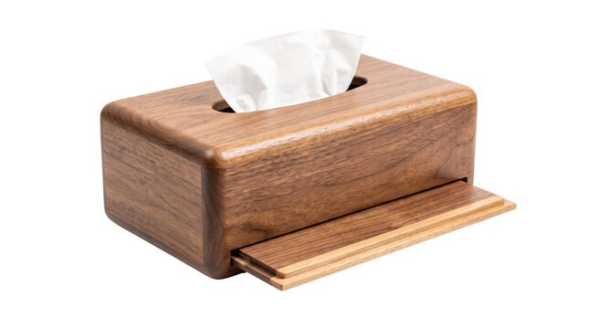 Modern walnut wood tissue box cover, elegant wooden napkin dispenser for home decor, minimalist dark timber facial tissue holder with paper isolated PNG with Transparent Background