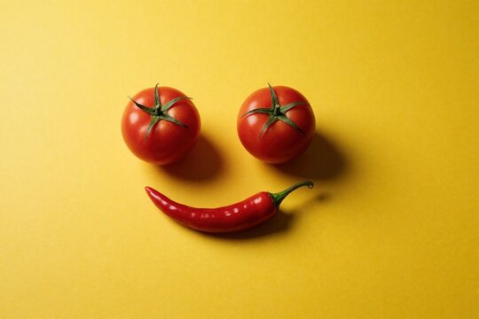Two ripe tomatoes and one red chili pepper form a happy face on a bright yellow background. This simple composition conveys a sense of fun and healthy eating.