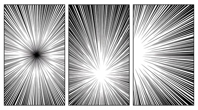 Three monochrome comic book manga speed lines radial burst patterns for action and motion backgrounds in graphic design panels
