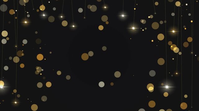 Golden glowing particles falling from strings against dark background for celebration festive themes.