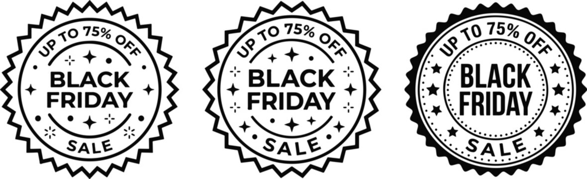 Set of three round black friday sale badges with up to 75 percent discount