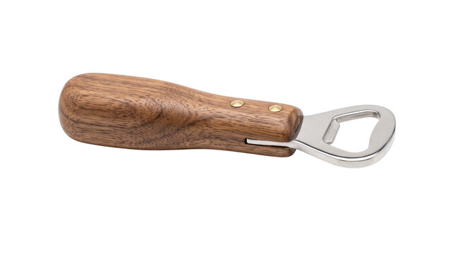 Vintage wooden bottle opener with ergonomic walnut handle, stainless steel beer cap remover, rustic bar tool for home kitchen and brewery isolated PNG with Transparent Background