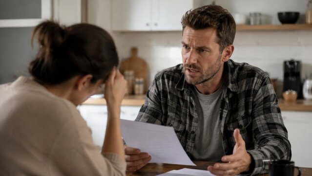 A couple argues over legal documents at a kitchen table, the man gesturing while explaining paperwork and the woman holding her head in visible frustration, wooden cutting boards lined
