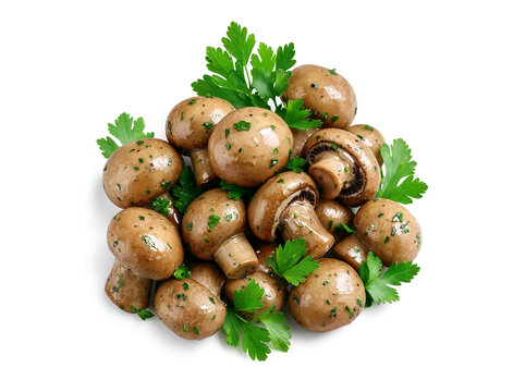 Delicious marinated mushrooms with parsley isolated on white.