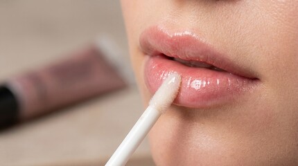 Naklejka premium Lip plumping gloss application woman mouth beauty cosmetics fuller lips showing glossy enhancement concept for cosmetic product advertising makeup tutorials salon services and personal care campaigns