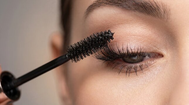 Mascara wand eyelashes application woman eye beauty cosmetics lengthening separation showing lash coating technique concept for product advertising makeup tutorials editorials and salon promotions