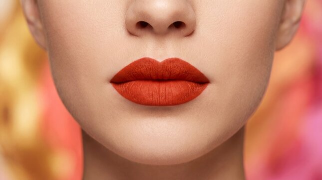 Orange red lipstick matte lips woman makeup beauty cosmetics bold fashion showing finished mouth concept for cosmetic advertising summer campaigns editorial styling confidence and glamour branding