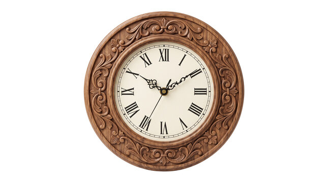 Vintage wooden wall clock with ornate floral carvings, antique round timepiece with roman numerals, classic brown wood clock for home decor isolated PNG with Transparent Background