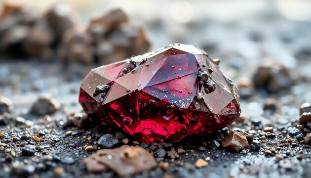 Close up shot of a raw faceted red garnet ruby gemstone lying on rough ground.