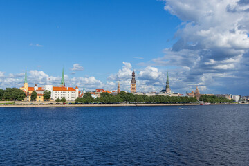 Fototapeta premium River and city skyline in Riga, Latvia