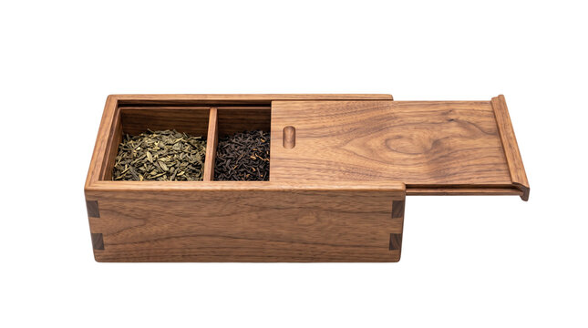 Handcrafted walnut wood tea box with sliding lid, premium wooden spice chest with loose leaf tea, elegant kitchen storage container for herbs isolated PNG with Transparent Background