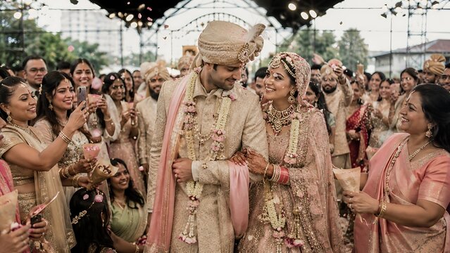 Indian Wedding Baraat Groom and Bride Walking Through Crowd. Traditional Celebrations with Guests, Saree Outfits, and Floral Garlands in Outdoors Ceremony