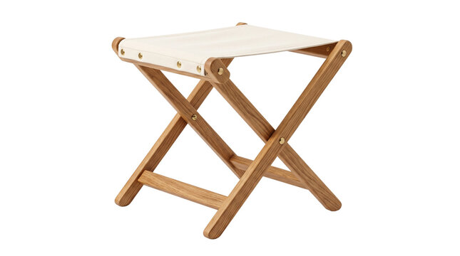 Minimalist wooden folding stool with white canvas seat, portable camp chair for outdoor travel, scandinavian style oak wood furniture isolated PNG with Transparent Background