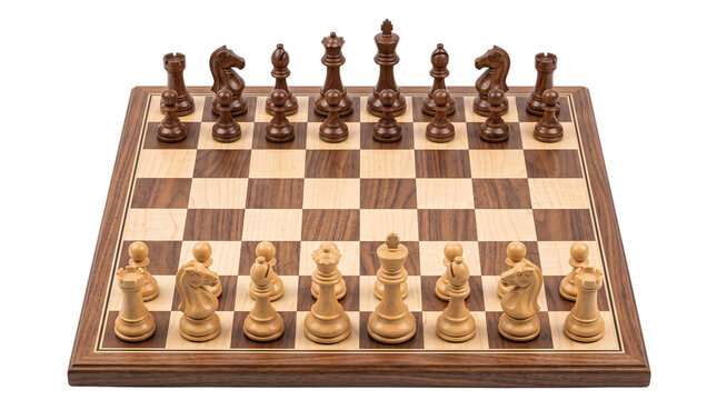 Classic wooden chess set on walnut board, professional chess pieces in starting position, strategic board game for competition and logic isolated PNG with Transparent Background