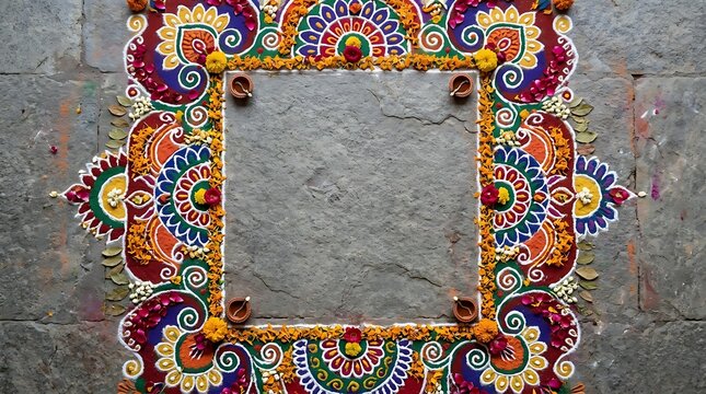 Traditional Vibrant Indian Rangoli Art Pattern with Decorative Diyas on Grey Stone Floor for Festive Celebration