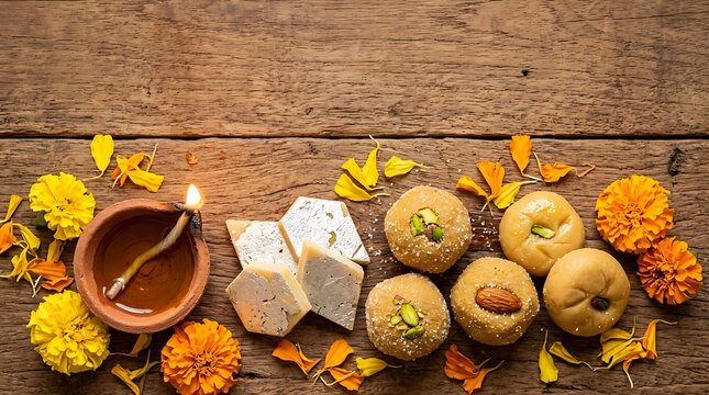 Diwali celebration background with traditional clay diya lamp, marigold flowers, and Indian sweets like laddu and kaju katli on rustic wooden table