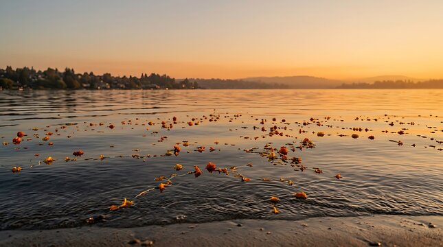 Yellow flowers floating on the calm water surface of a lake at sunset with warm golden sky