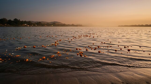 Sunrise over tranquil water with scattered floating objects creating a serene and picturesque scene