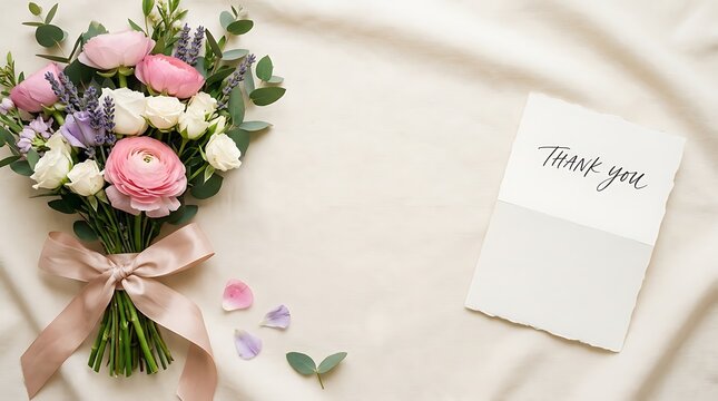 A delicate bouquet of pink and white flowers with a handwritten thank you card, artfully arranged on a soft cream fabric background