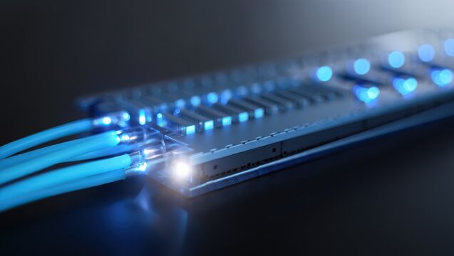 Close-up of illuminated fiber optic cables glowing with vibrant blue light against a dark background, showcasing modern technology and digital connectivity