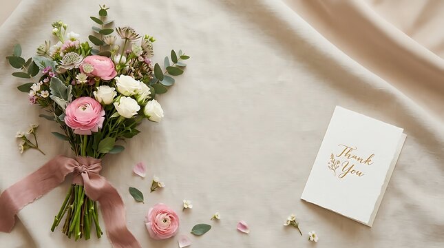 Elegant bouquet of pink and white flowers with a thank you card on a soft draped fabric background