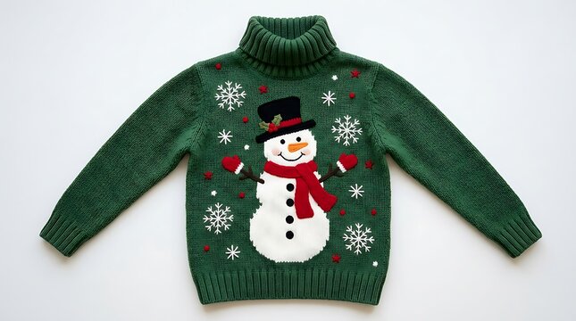 Green christmas sweater with snowman design isolated on white background