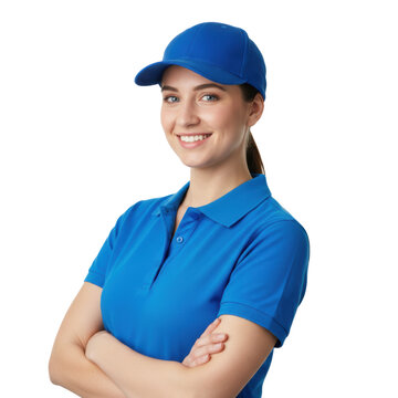 Young caucasian woman in a bright blue polo shirt and cap standing with arms crossed against a transparent backdrop, professional customer service atmosphere