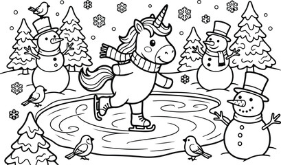 Cute unicorn ice skating in a snowy winter landscape with snowmen and pine trees coloring page for kids