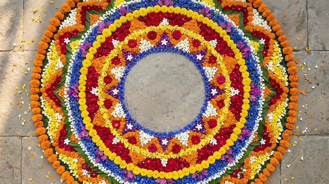 Colorful Indian Flower Rangoli Pookalam Festival Art on Stone Pavement