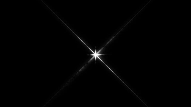 Twinkle sparkle single star white glowing light flare cross pulse 4k black screen overlay, magical bright starburst shine chroma key animation motion graphics video loop background visual