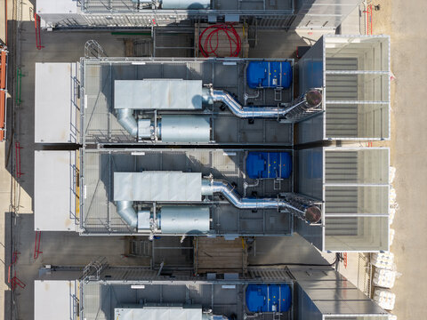 Aerial view of industrial cooling units and infrastructure at a data center in the United Kingdom.