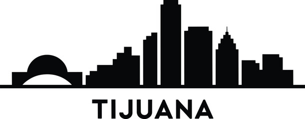 Tijuana skyline silhouette showing iconic city buildings and the historic bridge structure in a black and white minimal vector graphic for travel themes © Bakalia