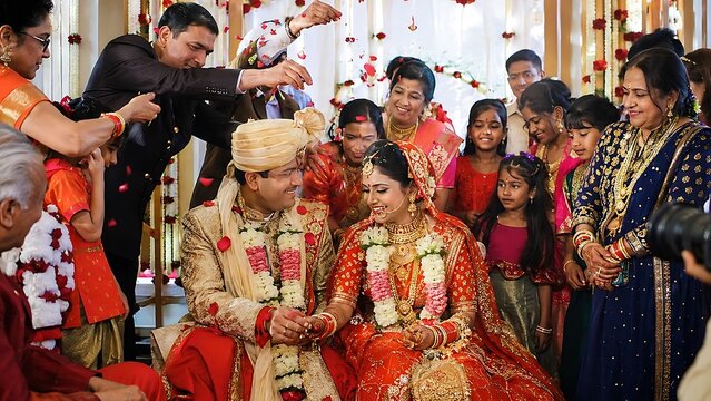 Traditional Indian wedding ceremony, bride groom falling petals,亲属 blessing ritual, festive celebration, guests family crowd, red lehenga, cultural portrait, joyful event