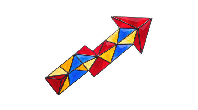 Arrow composed of colorful geometric glass segments points toward success on transparent background