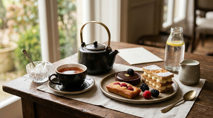 Fototapeta premium Elegant Afternoon Tea with Pastries, Tea, and Lemon Water