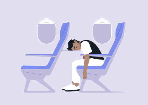 Head resting on a tray table, a weary traveler drifts into deep sleep, surrounded by empty seats and the gentle hum of engines, as the airplane soars gracefully through the sky.