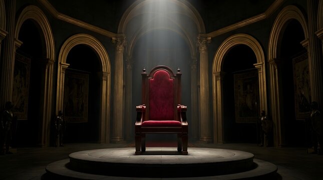 An ornate red royal throne sits centered on a circular platform inside a dark ancient stone palace