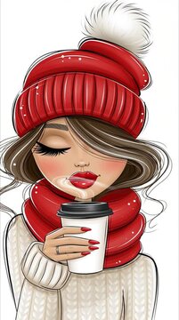 Cute cartoon girl with a cup of coffee in a warm hat flat design illustration