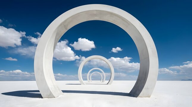 White circular arches on a salt flat under blue sky
