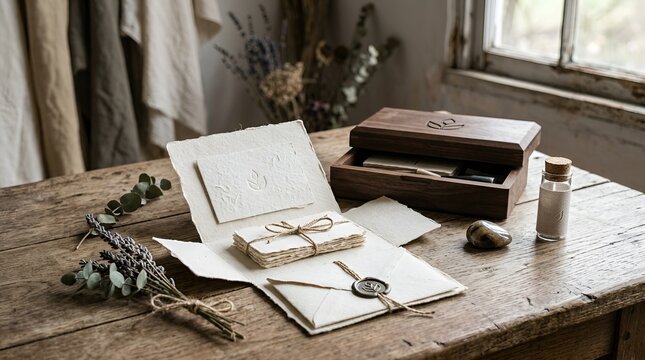 Vintage letter stationery set on wooden table, handwritten correspondence, sealed envelope, dried herbs